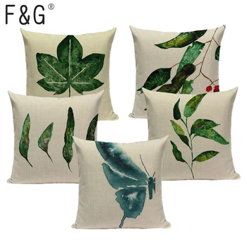 Botanik yastık kılıfı ev yastıkları yeşil yapraklar keten dekoratif kare bir tarafı baskı minder örtüsü özel yastık örtüsü