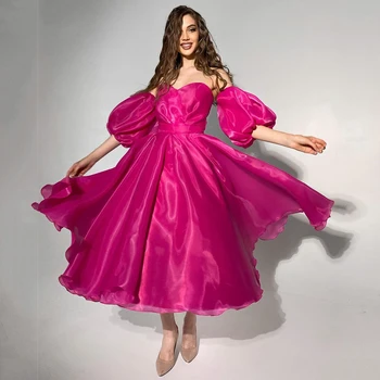 BridalAffair Fuşya Organze Saten Midi balo kıyafetleri Kaldırmak Yarım Kollu Örgün Abiye giyim Suudi Arabistan Prenses Kadın Elbise