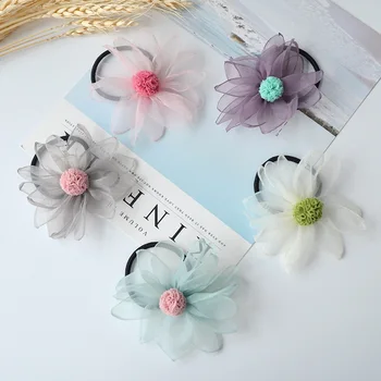 Butik 20 adet Moda Sevimli Gazlı Bez Pom Pom Çiçek Elastik Saç Bantları Katı Şifon Çiçek Saç Bağları Prenses saç aksesuarları