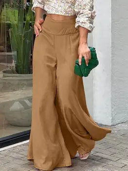 Büyük boy ZANZEA Kadınlar Kadın Streetwwears Zarif Pantolon Moda OL Yüksek Bel Geniş Bacak Pantolon Rahat Gevşek Palazzo Pantalon