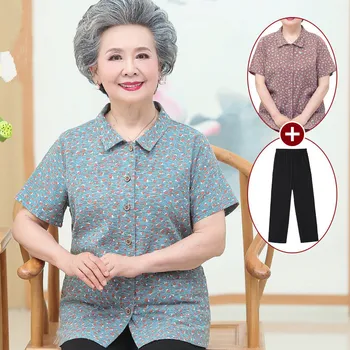 Büyükanne yaz giysileri Orta Yaşlı Yaşlı Anne Kısa Kollu Pamuklu Gömlek takım elbise Çiçek İki Adet Set Kadınlar İçin Kıyafetler