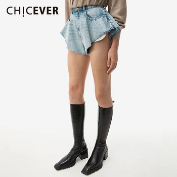 CHICEVER Kot Şort Kadınlar Için Yüksek Bel Patchwork Cepler Artı Boyutu Seksi Katı Rahat kısa pantolon Kadın 2021 Yaz Giyim