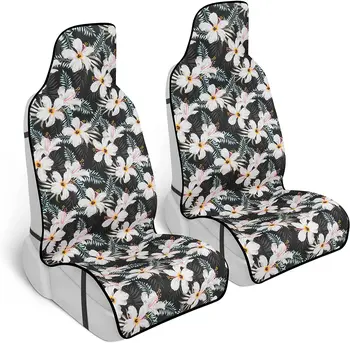 Carbella Beyaz Tropikal Çiçek Araba Koltuğu Kapakları, 2 Paket Çiçek ve Palmiye Yaprakları Ön Koltuk Otomobil Kamyon SUV için Kapakları