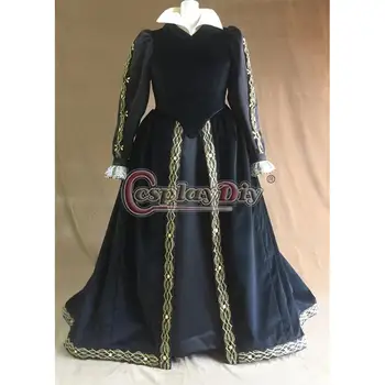 Cosplaydiy Custom Made 1500's Tudor Kostüm Kraliçe Tudor Siyah Elbisesi Elbise Rönesans Faire Elbisesi Elbise L320