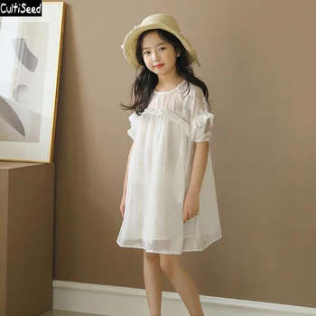 Cultiseed Kız Yaz Şifon Elbise Büyük Çocuk Kız Kore Ruffles Prenses Parti Elbise Çocuklar Sevimli Rahat Beyaz Elbiseler