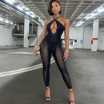 Cutubly Bir Adet Tulumlar Moda kadın Katı Seksi Hollow Out Bodycon Kulübü Tulum tam örgü Yapışık Pantolon Kadın Siyah