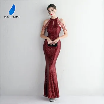 DEERVEADO Zarif O Boyun Şarap Kırmızı Mermaid Akşam Elbise Uzun Kadın Bodycon Düğün Parti Elbisesi Şık Resmi Elbise Boncuk