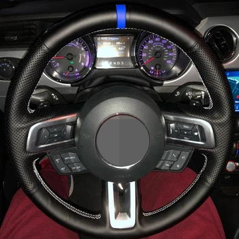 DIY El Dikişli Yumuşak Siyah Hakiki Deri Mavi İşaretleyici Araba direksiyon kılıfı Ford Mustang 2015 İçin 2016 2017 2018 2019 2020