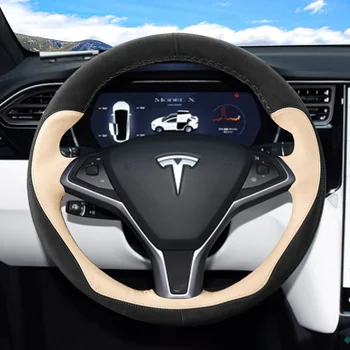 DIY el dikişli süet araba direksiyon kılıfı Tesla Modeli 3 Model X Model S Model Y
