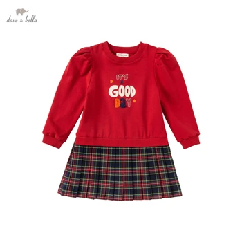 DKD18336 dave bella sonbahar kız moda mektup ekose baskı dökümlü elbise çocuk tatlı elbise çocuk bebek lolita giysileri