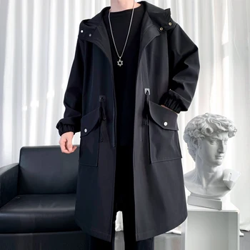 DYB ve ZACQ Marka erkek Rüzgarlık Uzun 2021 İlkbahar ve Sonbahar Yeni Kore Moda Yakışıklı Gevşek kapüşonlu ceket Siyah Ceket
