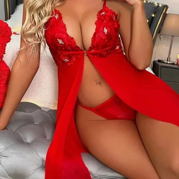 Dantel İşlemeli Seksi İç Çamaşırı Kırmızı Erotik Çiçek Yüksek Bölünmüş Çatal Sling Örgü V Yaka gece elbisesi kadın Kıyafeti Seksi Kostümleri