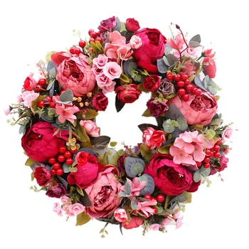 Dekoratif Kapı Çelenk, ipek çiçek Şakayık Kafa Çiçek Çelenk 40cm El Yapımı Çelenk Sonbahar Kış Açık Ekran Kırmızı
