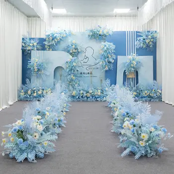 Dekoratif Çiçekler Çelenkler gökyüzü Mavi Serisi Düğün Çiçek Düzenleme Yapay Sıra Masa Yol Kurşun T Sahne Zemin Köşe