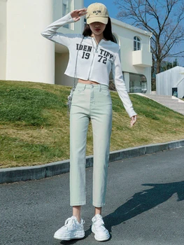 Denim Kot Femme Yüksek Bel Düz Ayak Bileği Uzunluğu Kadın Kot Katı Düz Zarif Sokak Giyim Açık yeşil Pantolon Artı Boyutu