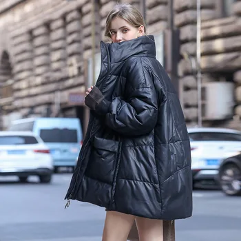 Deri şişme ceket kadınlar Kış Rahat Gevşek Koyun Derisi Ceket Eğlence Standı Yaka Kalınlaşma Giyim