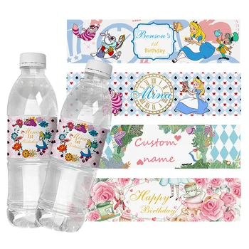 Disney Alice İn Wonderland Doğum Günü Partisi Çıkartmaları Özel Parti Maden Suyu şişe etiketleri Etiket Doğum Günü Dekorasyon Malzemeleri