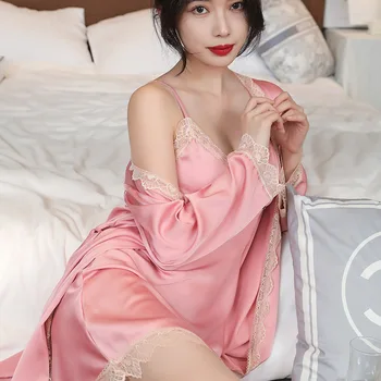 Düğün Parti Elbise Pijama Kadın Kimono Bornoz Seksi Dantel Saten Patchwork Ev Sabahlık Salonu Rahat Gecelik