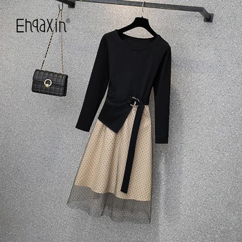 EHQAXIN Kadınlar Zarif Ofis Elbise Bahar 2022 Moda Siyah Uzun Kollu Yüksek Bel Patchwork Polka Dot Örgü Elbiseler L-4XL