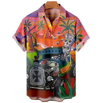 Erkek Gömlek Camisas De Verano Para Hombres Hawaiian Moda Rahat Kaya Kafatası Baskı Büyük Boy Üstleri Plaj Erkek Giysileri Bluzlar