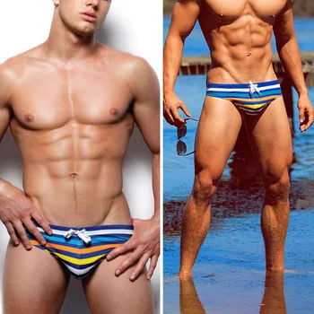 Erkekler Seksi Çizgili Baskı Mayo Yaz Beachwear Üçgen Kısa Moda Lace Up erkek Mayo Yüzmek Şort Erkekler Kısa Hombre