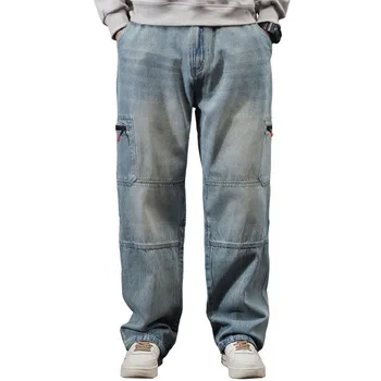 Erkekler Vintage Kargo günlük kot Pantolon Çok Cepler Kaykay Gevşek Denim Pantolon Erkek Boyutu 29-42