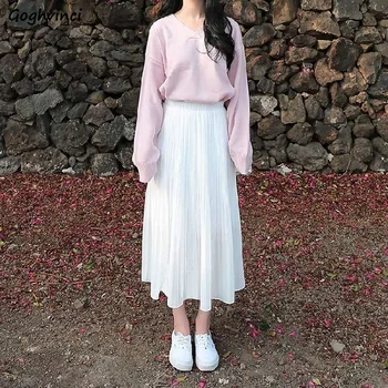 Etekler Kadın Yaz Moda Yeni Zarif Katı Pilili Gevşek Tüm Maç Kore Tarzı Yüksek Bel Eğlence Şifon Tatlı Kolej Bayan