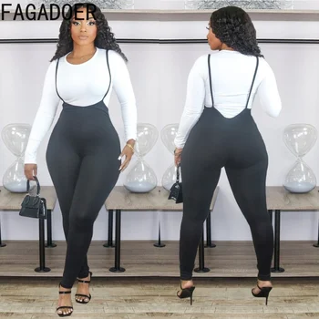 FAGADOER Rahat Katı Uzun Kollu Üst Ve Sıska Önlük Pantolon İki Parçalı Setleri 2022 Kadın Siyah Yeşil Renk Giyim Bahar Kıyafetleri