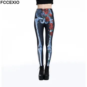 FCCEXIO Yeni Kadın Kafatası Tayt Yüksek Bel egzersiz pantolonları Spor Legging 3D Gül İskelet Baskılı Leggins Lady Leggin