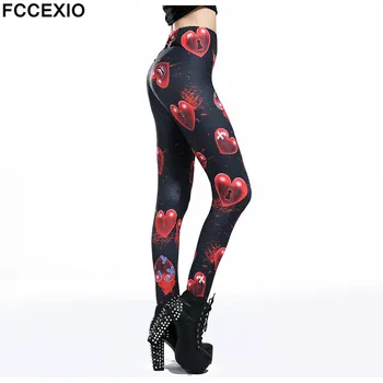 FCCEXIO Yeni Kadın Pembe Seviyor Tayt Yüksek Bel egzersiz pantolonları Spor Legging Kan Kalp Siyah Baskılı Leggins Bayan Tayt