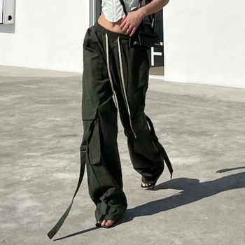 Feiernan Pantalon Paraşüt Pantolon Y2k Hippi Streetwear Kadınlar Boy Cepler Yeşil Kargo Pantolon Pamuk Geniş Bacak Sweatpants