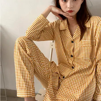 Fernan Kore Pijama Kadın Ekose Pijama Sonbahar Pijama Sarı Pijama İki Parçalı Set Kıyafeti Salonu Aşınma Pijama Takım Elbise Pjs