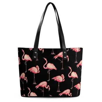 Flamingo Desen Siyah Çanta Pembe Retro Vintage Hayvan omuzdan askili çanta Bayanlar Bakkal Baskı Tote Çanta Cep Yenilik El Çantaları