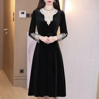Fransız Retro siyah elbise Kadınlar Zarif Tek Parça Elbise Kore 2022 Sonbahar İnce Dantel Şık Kadife Elbise Kadın Moda K16