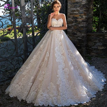 Fsuzwel Zarif Aplikler Mahkemesi Tren A-Line düğün elbisesi 2020 Büyüleyici Straplez Lace Up Prenses gelin kıyafeti Vestido de Noiva