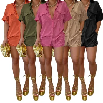 GL6578 kadın Rahat İki Adet 2022 Yaz Moda Kişilik Düz Renk Düğmesi Cep Gömlek + Kayış Şort Takım Elbise Kadın