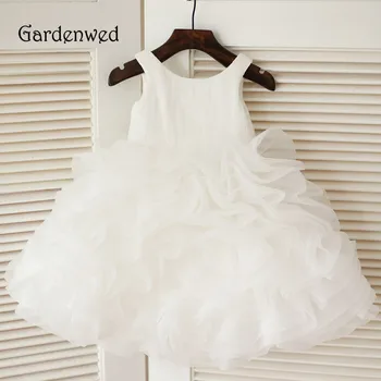 Gardenwed 2020 Kısa Bebek Mini Elbise İlk Communion Elbise Kızlar için İmparatorluğu Organze Dantelli Etek Beyaz Bebek Kız Elbise