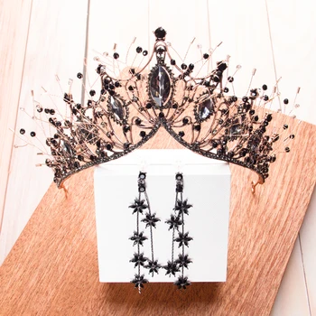Gelin Düğün Retro Kristal Siyah Taç Şapkalar Üç parçalı Takım Bar Mitzva Doğum Günü Prenses Barok saç aksesuarları DG1267