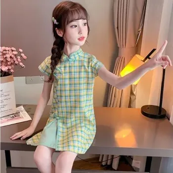Genç Kız Elbise yaz elbisesi Yeni Çin Tarzı Kız Bebek Ekose Elbise Çocuk Tang Takım Cheongsam Yarık