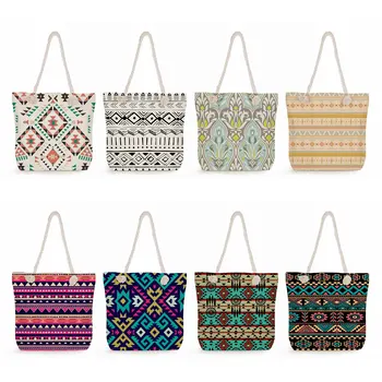 Geometri Baskı Tote Çanta Kadın Kalın Halat Eko Kullanımlık alışveriş çantası Rahat Mandala Çiçek Çanta Bayan Seyahat Plaj Çantaları