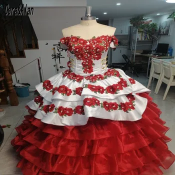 Gerçek Fotoğraflar Quinceanera Elbiseler Çiçek Aplike Boncuk Tatlı 16 Meksikalı Kızlar Kapalı Omuz vestidos de XV años