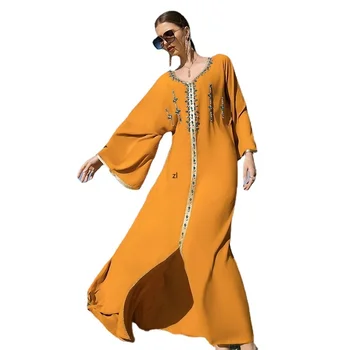 Gevşek Maxi Elbise Kadınlar için Ins Dubai Seyahat Lüks Etnik Manuel Dikiş Elmas Abaya V Boyun Uzun Kollu Fas Elbise