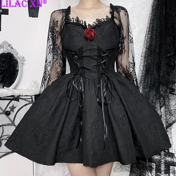Goth Siyah Dantel Trim Gül Parti Elbiseler Kadınlar için Vintage Jakarlı Bir Çizgi Uzun Kollu Dantel-up Lolita Peri Grunge Mini Elbiseler