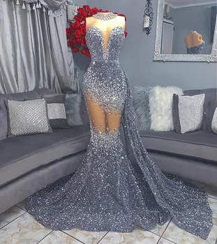 Gri Sparkly Pullu Uzun Mermaid balo kıyafetleri 2023 Tasarlanmış Kristaller Kolsuz Afrika Siyah Kız Parti Balo Abiye