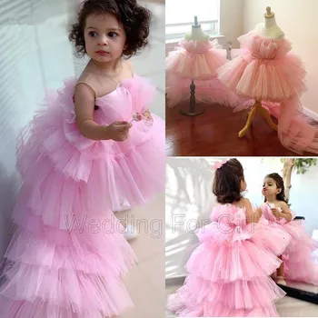 Gül Pembe Katmanlı Tül Kabarık Prenses Doğum Günü Elbise Hi-Lo Çiçek Kız Elbise Diz boyu Bebek İlk Communion Gelinlikler