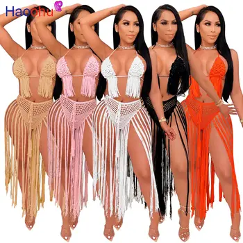 HAOOHU Seksi El Örme İki Parçalı Mayo Backless Kırpma Üst Bandaj Maxi Elbise Kadınlar için Yaz Beachwear Püskül Kulübü Kıyafetleri