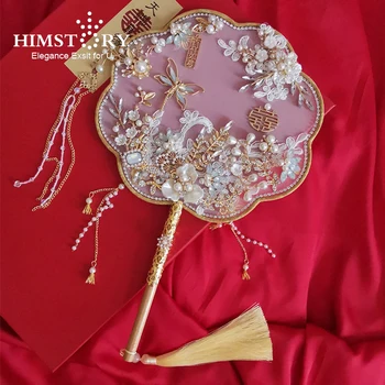 HIMSTORY Moda Altın Gelin El Buketleri Fan El Yapımı Çiçekler Kelebek Çin Metal Yuvarlak Fan düğün takısı Aksesuarları