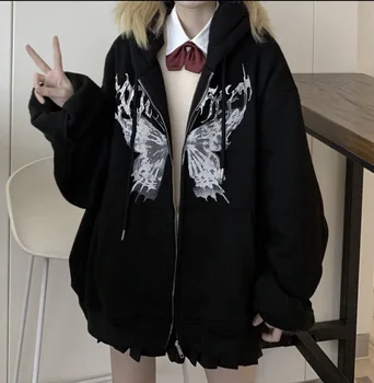 Harajuku Hoodie kadın Sonbahar ve Kış Hip-Hop Fermuar Kelebek Estetik kapüşonlu süveter kadın Gotik Punk Ceket