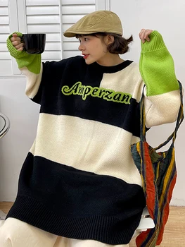 Harajuku Kazak Bayan Vintage Mektup Renk Eşleştirme Büyük Boy Moda Y2k Jumper Kore uzun kollu giyim Örme Kış Üst