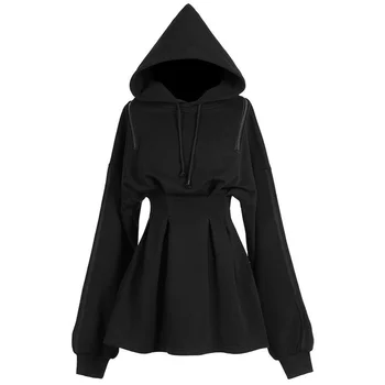 Harajuku kapüşonlu elbise Kısa Siyah Mini Kapşonlu Elbise 2021 Sonbahar Stil Wrap Uzun Kollu Elbise Kadın Streetwear Gotik Elbise Siyah